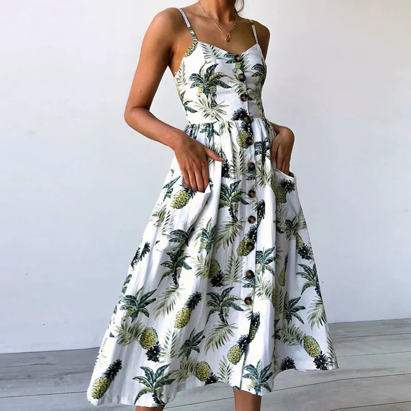 Casual Vintage Sundress Female Beach Dress Midi Button Backless Polka Dot Striped Women Dress Summer 2020Sexy Strap Floral Dress