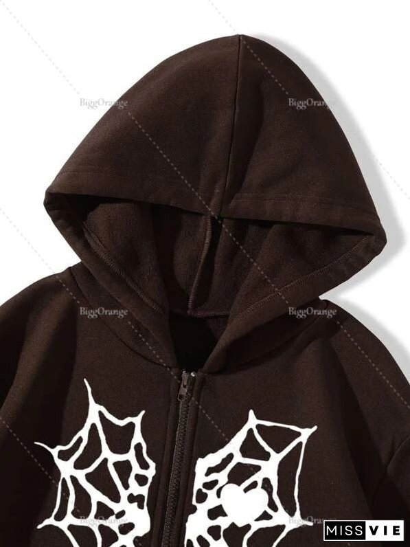 Spider Web Print Hoodie Womens Sweatshirt Loose Jacket Fashion Trend Zip Autumn Casual