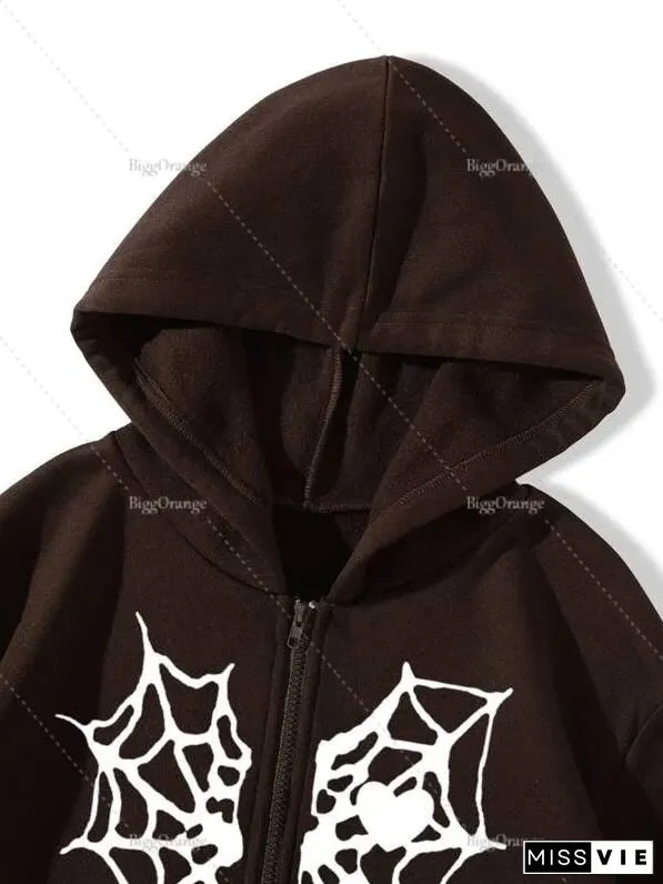 Spider Web Print Hoodie Womens Sweatshirt Loose Jacket Fashion Trend Zip Autumn Casual