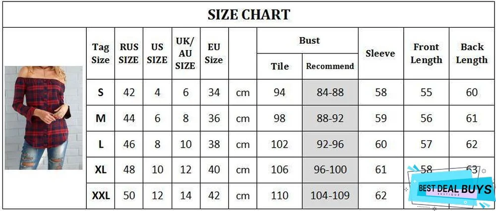 Women Plaid Shirt Sexy Off Shoulder Long Sleeve Tops Shirt Slash Neck Blouses