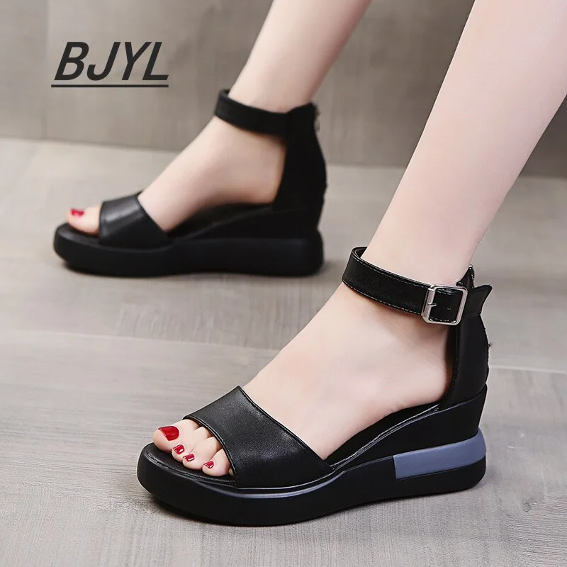 Qengg Sandals 2021 New Summer Fish Mouth Fashion Slope with Buckle Cross High Heel Sandals Women