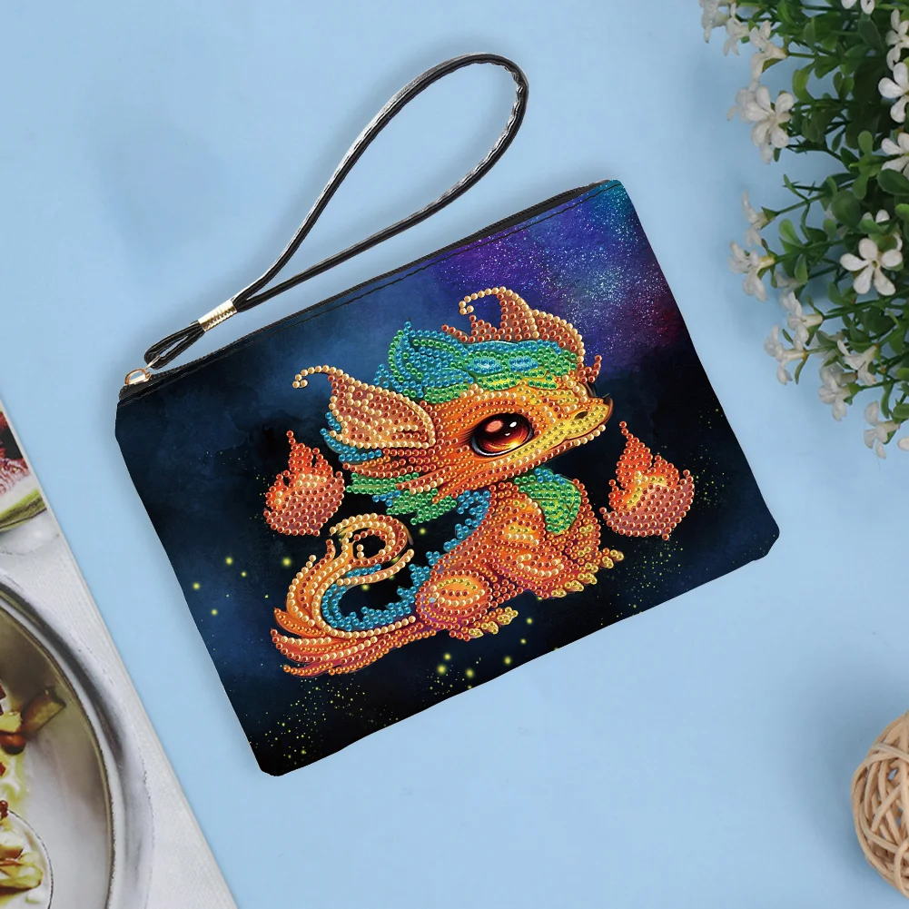 DIY Fire Dinosaur PU Partial Special Shaped Diamond Painting Wallet Makeup Bag