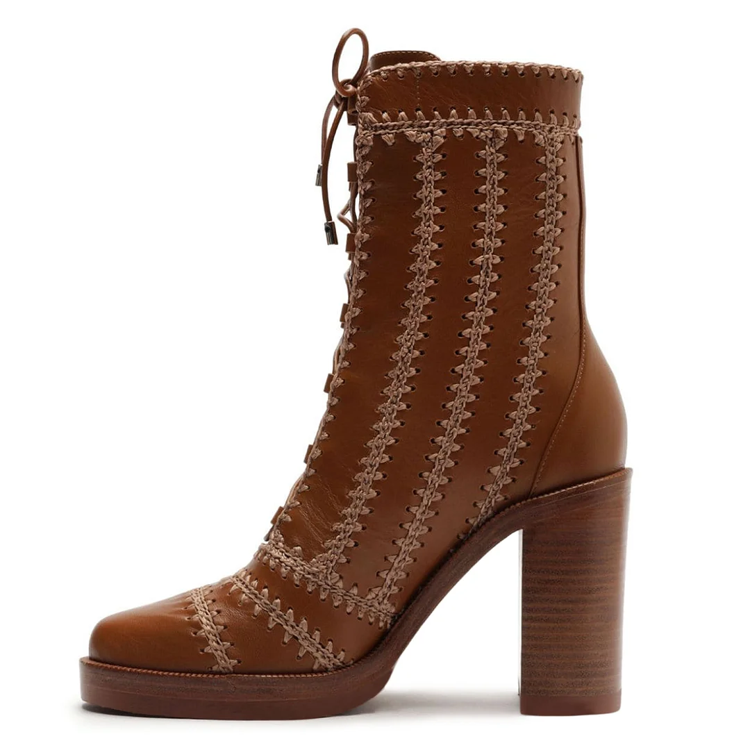 Brown Vegan Leather Almond Toe Stitched Lace-Up Block Heel Ankle Boots