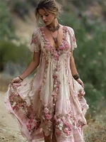 Vintage Pink Roses Fiber Art Flowy Linen Maxi Dress