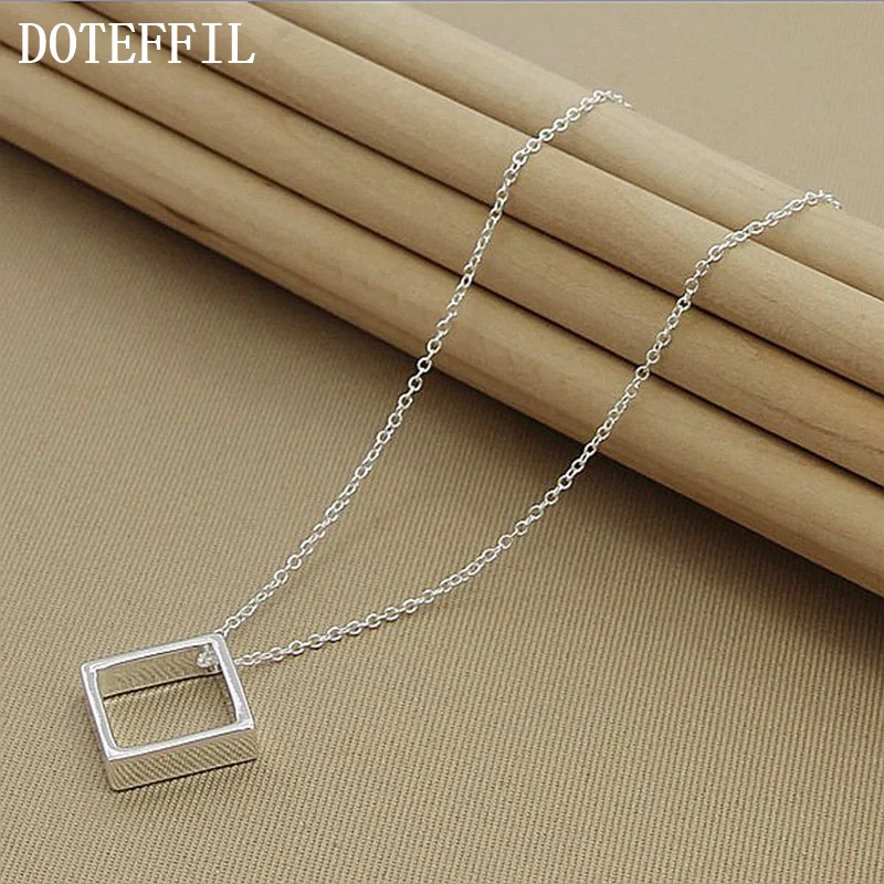 DOTEFFIL 925 Sterling Silver 18 Inch Chain Square Pendant Necklace For Women Men Jewelry