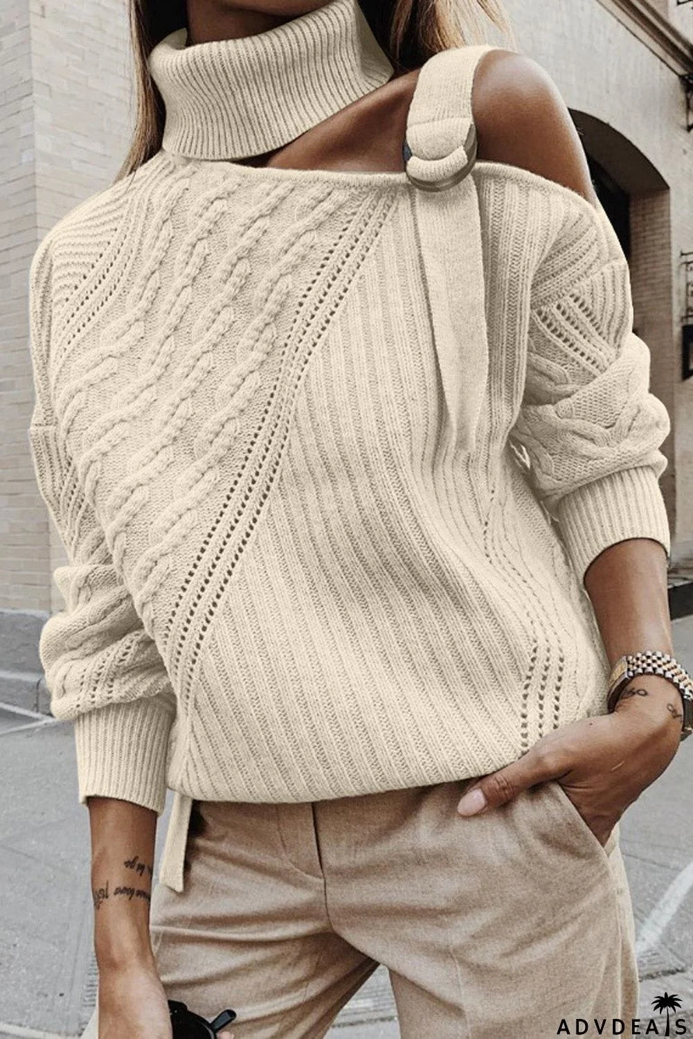 Strapped Cut out Shoulder Turtleneck Sweater