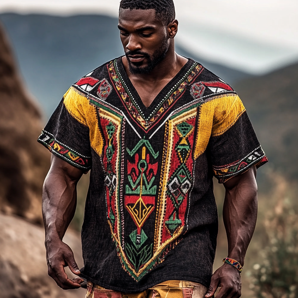 Men's Tribal African Ethnic Geometry Art Print Linen T-shirt