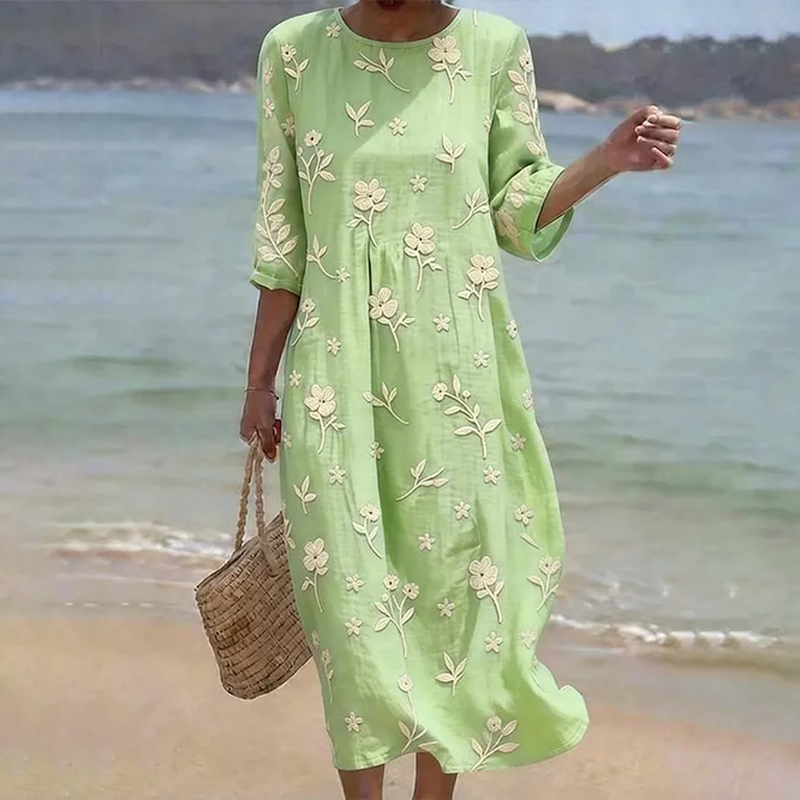 Women's Floral Print Round Neck Linen Blend Casual Midi Dress wearshes