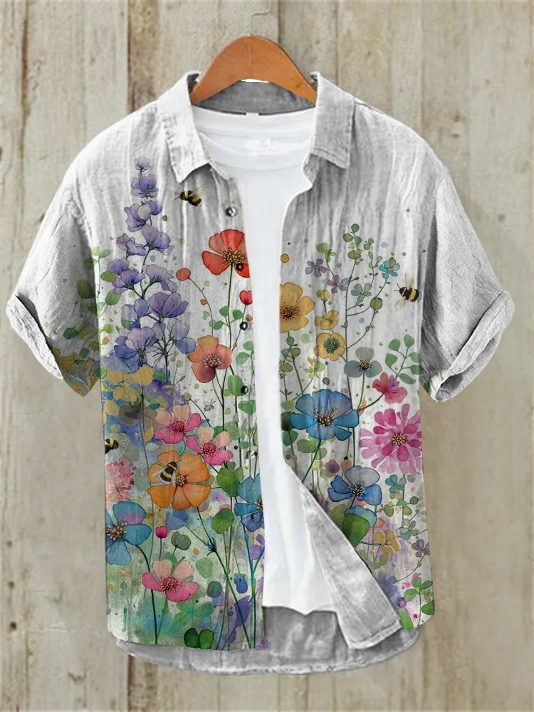 Men's Colorful Floral Bee Art Print Casual Shirt
