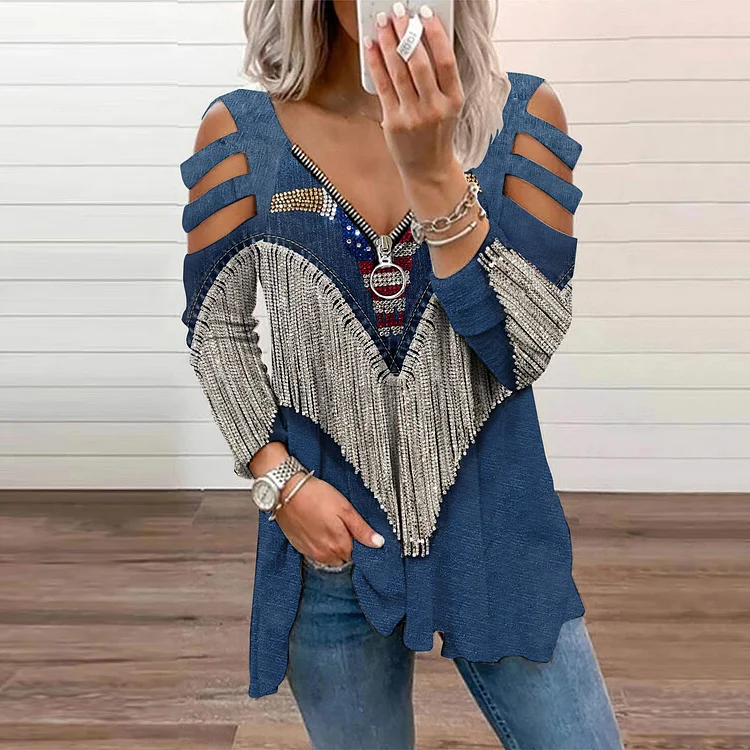 Wearshes Western Tassels Printed Hollow Out Zip Up T-Shirt