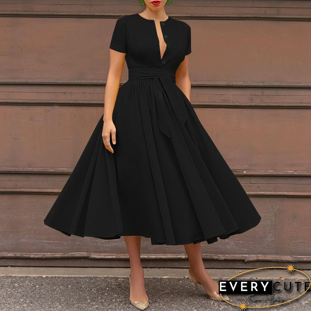 Retro Women Summer Sexy Short Sleeve Long Shirt Dress Party Elegant Big Swing Pleated Maxi Sundress