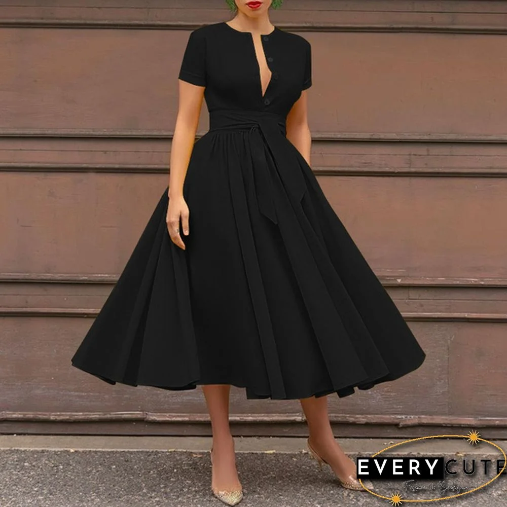 Retro Women Summer Sexy Short Sleeve Long Shirt Dress Party Elegant Big Swing Pleated Maxi Sundress