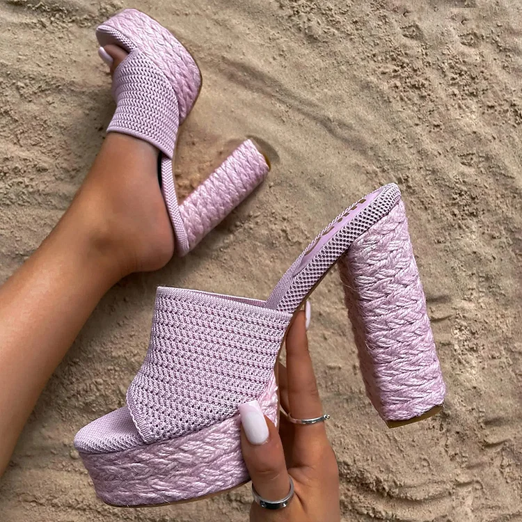 Light Purple Chunky Heels Women's Knitwear Fashion Platform Mules |FSJ Shoes