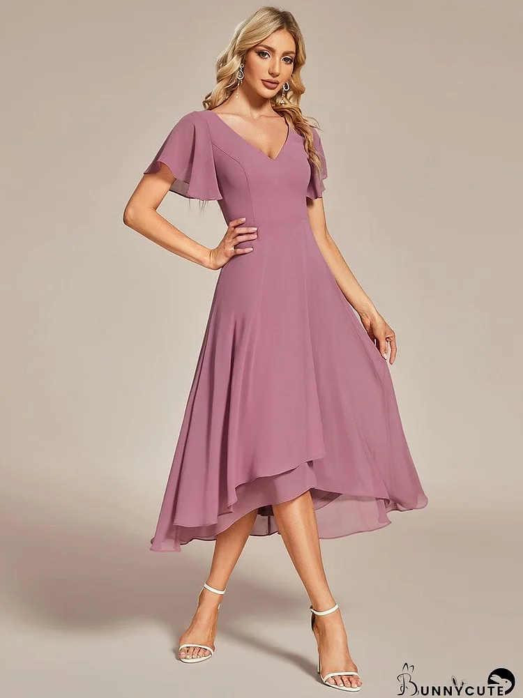 Flutter Sleeve Midi Dress with High-Low Hemline