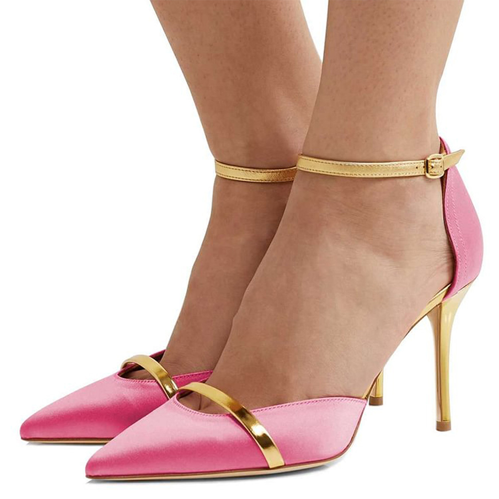 Pink & Gold Satin Pointed Toe Stiletto Heel Pumps Nicepairs