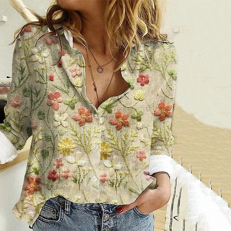 VChics Women's Floral Embroidery Pattern Art Printed Casual Shirt