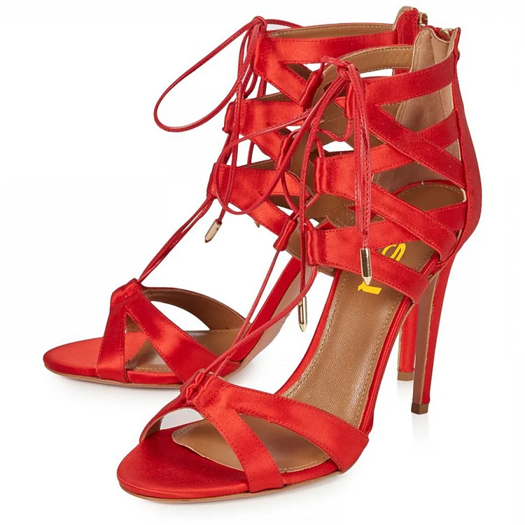 Red Satin Stiletto Heels Lace up Sandals Peep Toe Sandals with Zip |FSJ Shoes