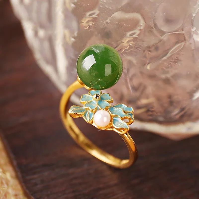 Natural Hetian Jade Ring for Women - Gold Inlaid with Green Jade, Pearl, and Cloisonné Enamel Bead, Adjustable Open Ring, Elegant Gift