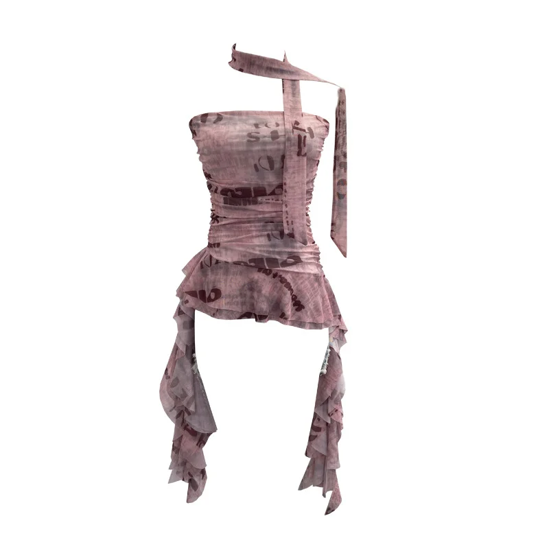 Nigikala Nigikala Shooting Spice Girls Irregular Lotus Leaf Side Ribbon With Non-Slip Strip Mesh Printing Chest Vest 8037