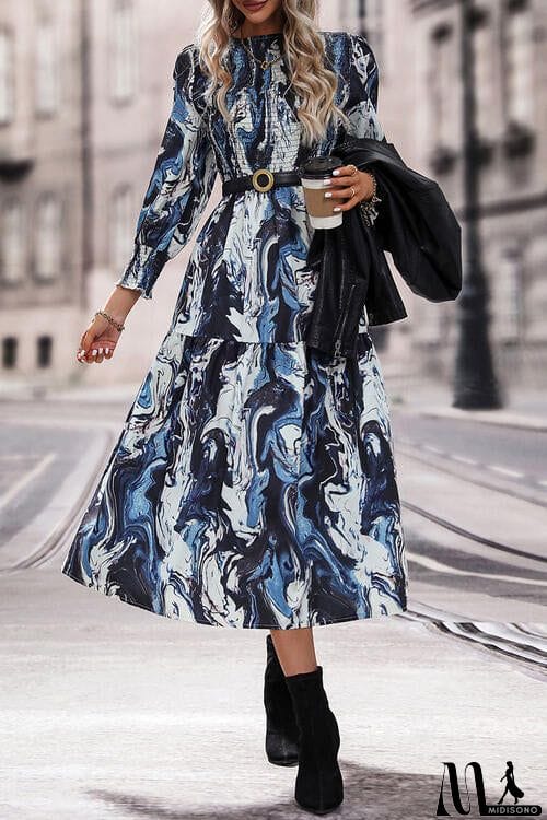 MidiSono - Printed Smocked Ruffle Hem Dress
