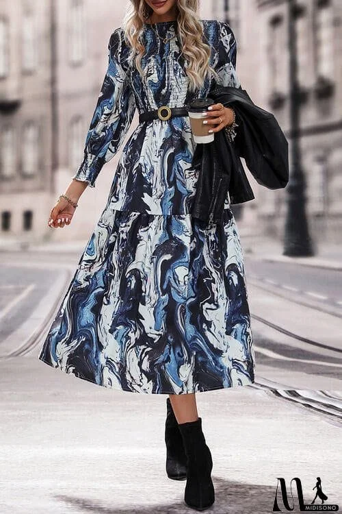 MidiSono - Printed Smocked Ruffle Hem Dress