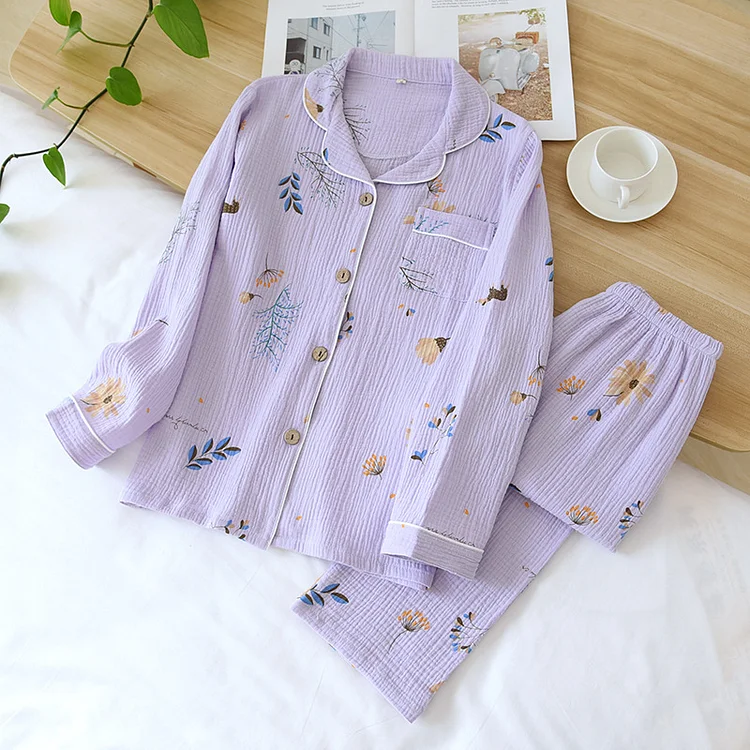 Flower & Leaf Cotton Gauze Pajama Set Radinnoo.com