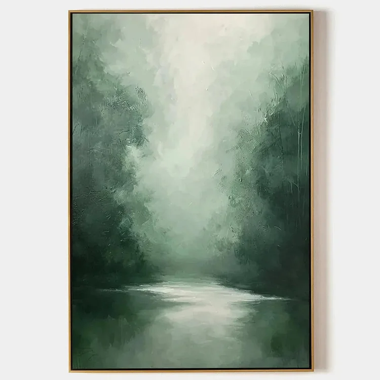 MISTY GREEN FOREST: Atmospheric Forest Landscape Painting, Vertical Wall Art（Canvas painting）