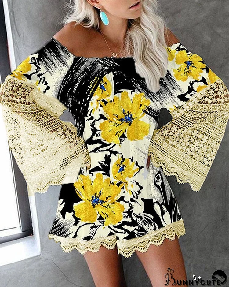 Long-Sleeve Off-Shoulder Printed Lace Loose Mini Dress