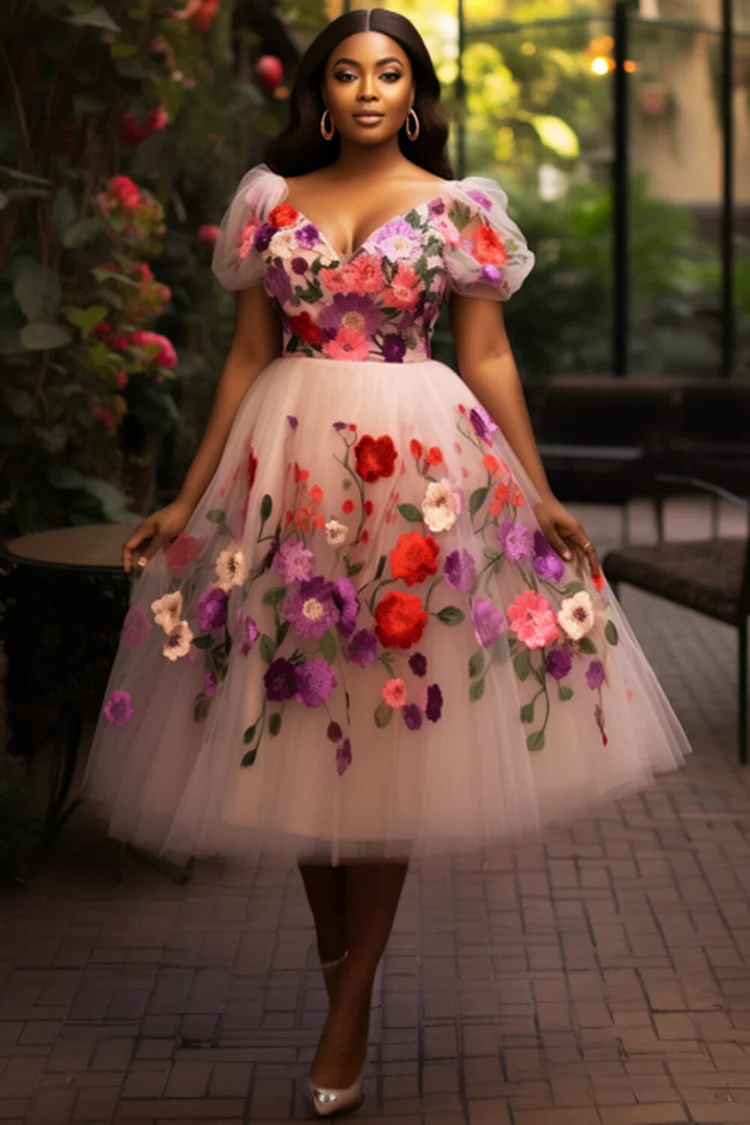 Xpluswear Design Plus Size Wedding Guest Pink Floral V Neck Puff Sleeve Short Sleeve Tulle Midi Dresses [Pre-Order] 2024 - Xpluswear