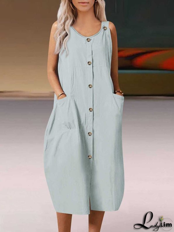 Solid Sleeveless Midi Dress with Pockets and Buttons