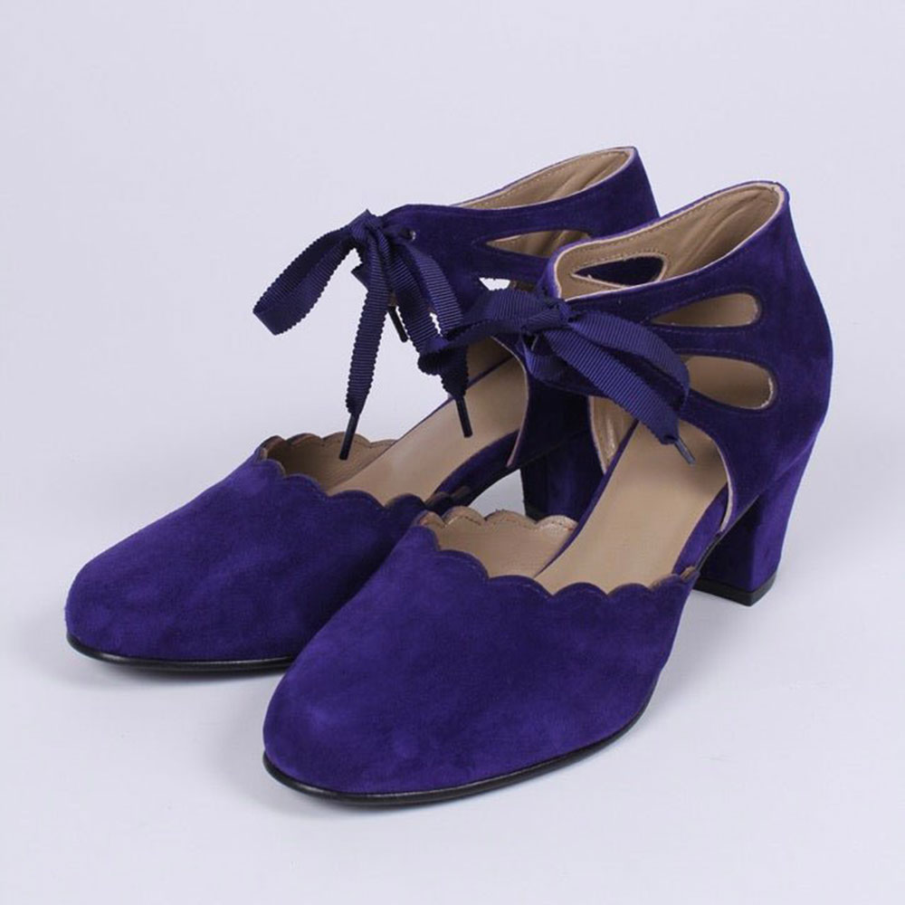 Faux Suede Block Heel Ankle Strap Lace-Up Purple Pumps for Women Nicepairs