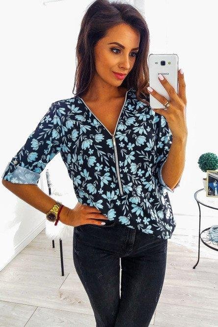 Zipper V-neck Printable Long Sleeve T-shirt-Mayoulove