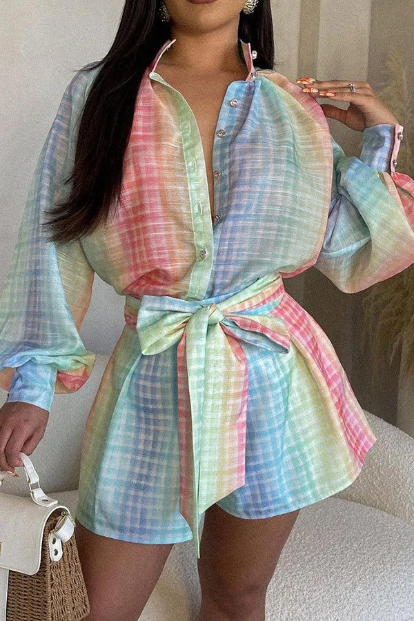 Gradient Checked Chic Lantern Sleeve Belted Romper