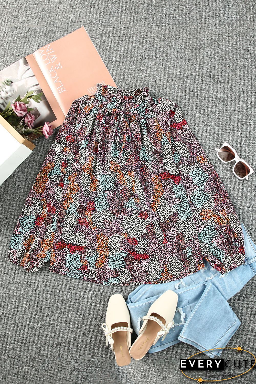 Multicolor Vibrant Floral Tie V Neck Puff Sleeve Blouse