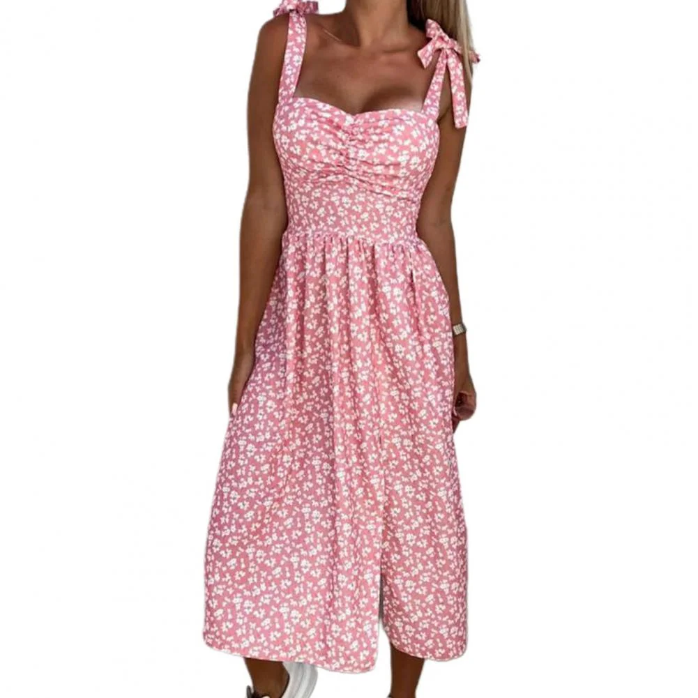 Bow-knot Midi Dress Sling Square Neck Sleeveless Flower Print Backless Lace Up Tight Waist Prom Dress Party Dresses Vestidos