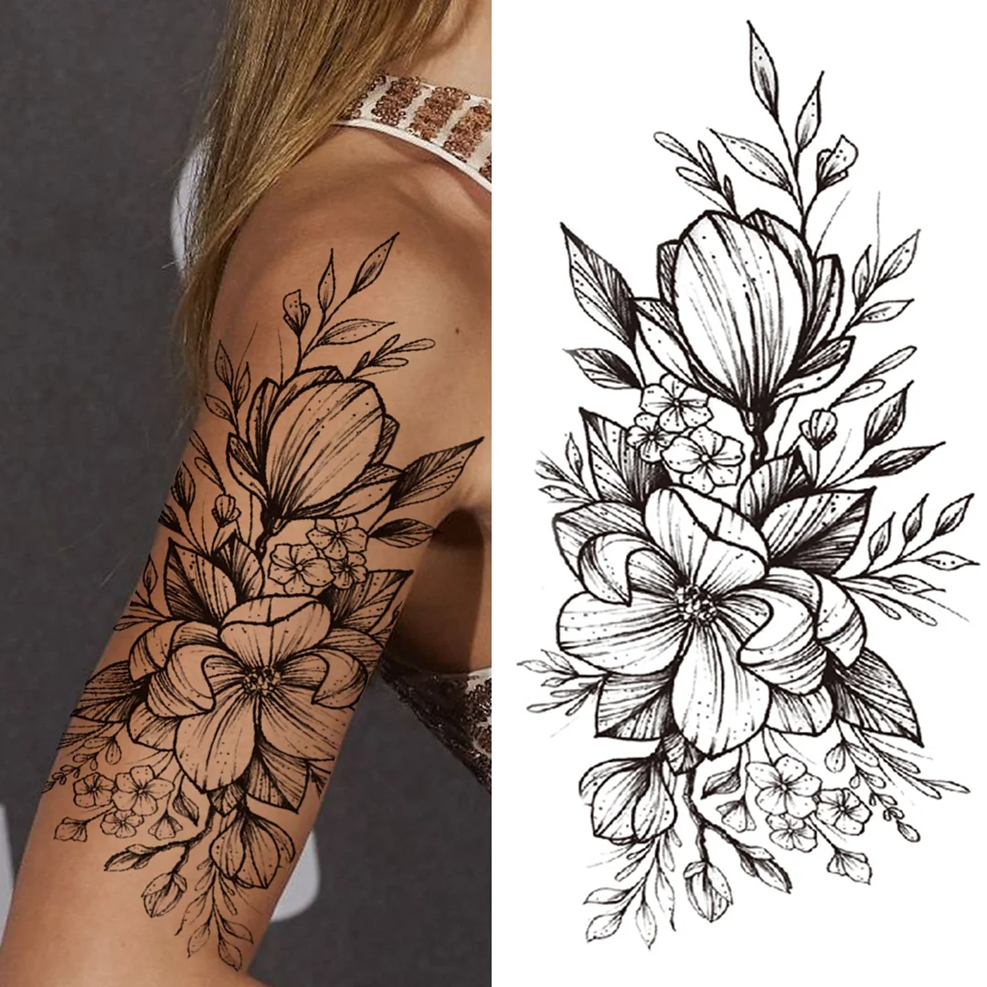 Large Death Skull Snake Flower Temporary Tattoos For Women Men Adult Skeleton Fake Rose Tattoo Sticker Black Peony Body Tatoo