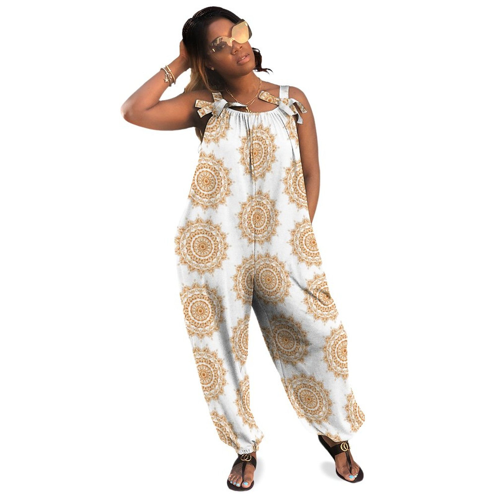 Women Plus Size Jumpsuit Summer Loose Harem Pants Mandala Pattern White Gold Elegant Boho Casual Long Length Polyester Spandex Formal Jumpsuits for Women