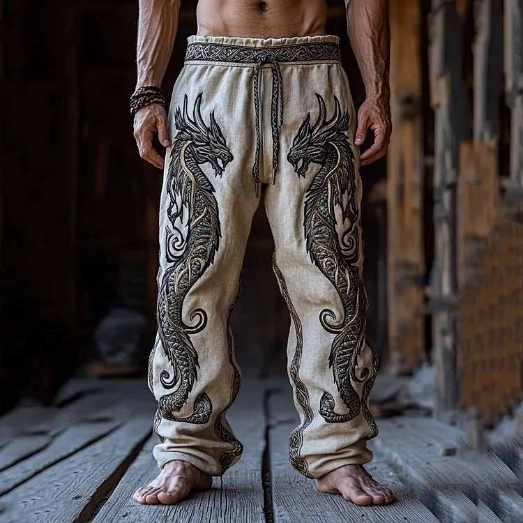 Men's Retro Viking Dragon Celtic Knot Art Linen Pants