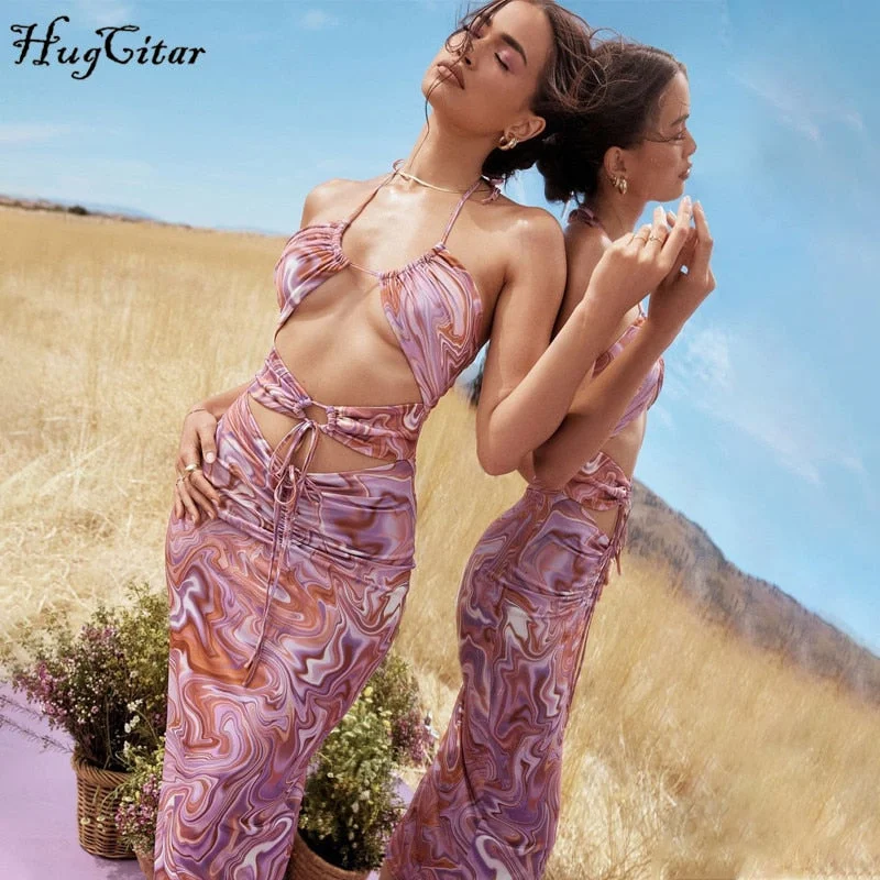 Hugcitar 2021 Sleeveless Halter Bow Pleat Irregular Bodycon Sexy Dress Summer Women Streetwear Party Club Elegant Clothing Y2K