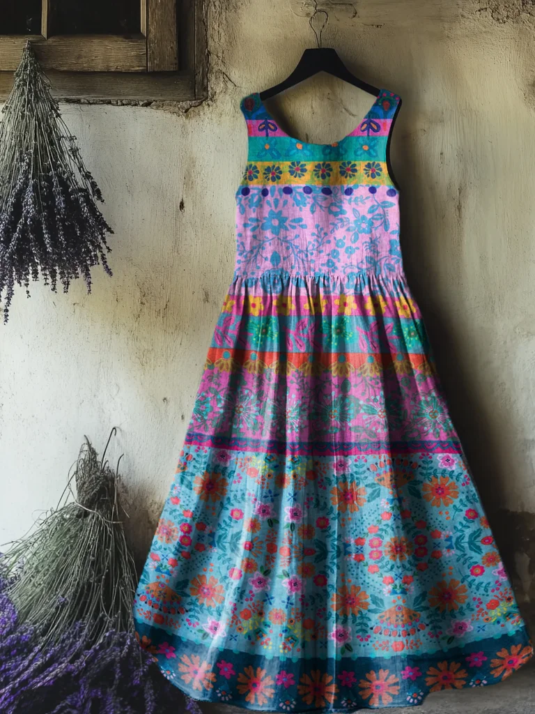 Women's Colorful Diamond Pattern Art Print Round Neck Sleeveless Cotton Pocket Dress