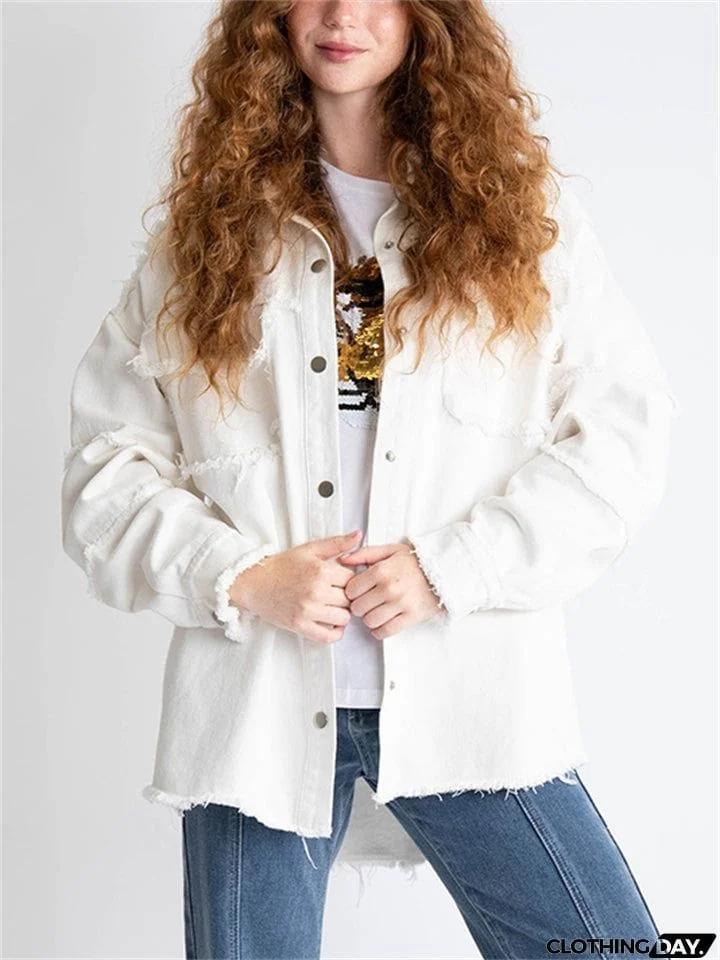 Women's Super Cool Peace Raw Edge Lapel Button Denim Coat