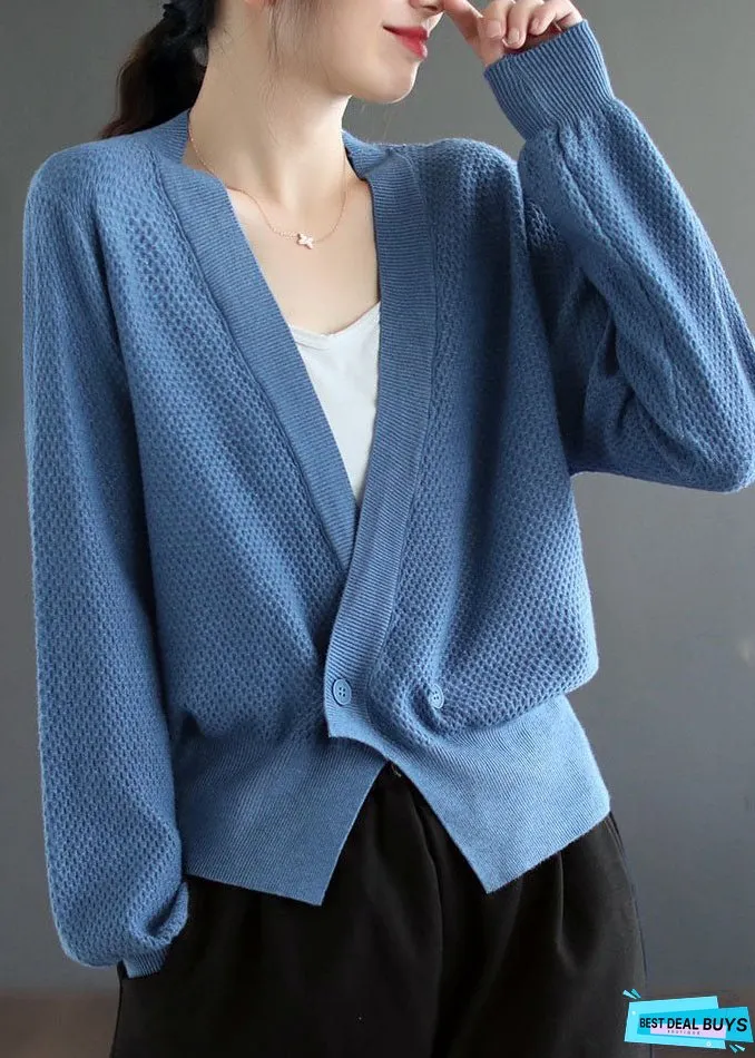 Women Blue V Neck Solid Button Knit Cardigan Fall