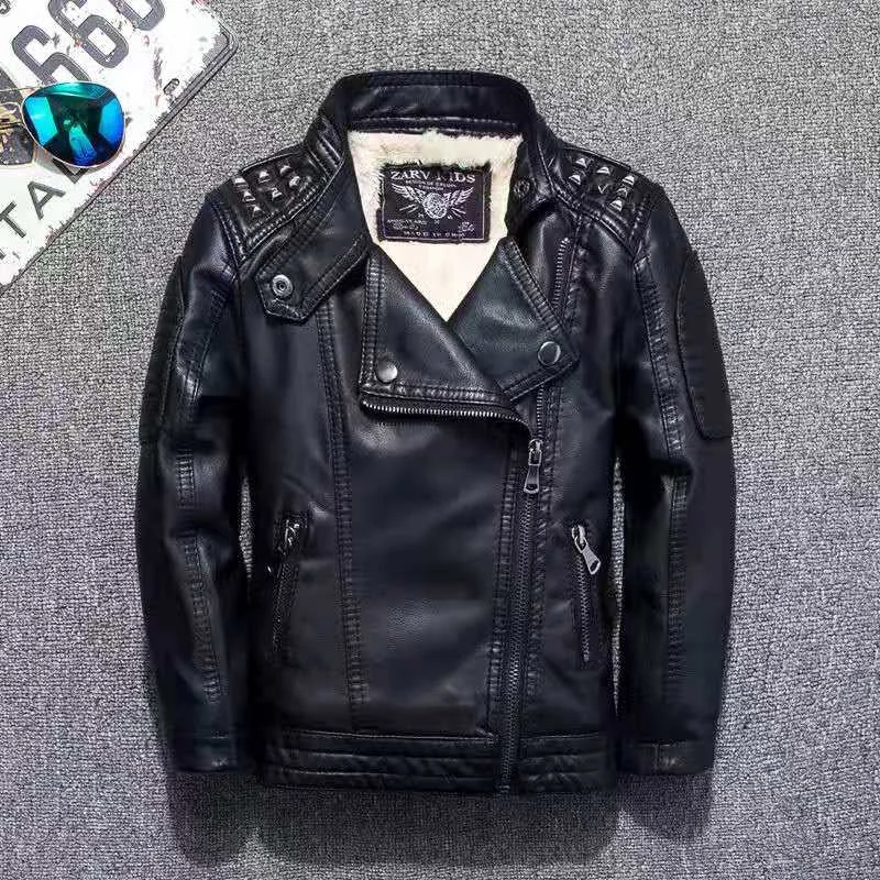 ins hot boys coat children's pu jacket fashion kid outwear solid color motorcycle jacket autumn winter rivet cool velvet