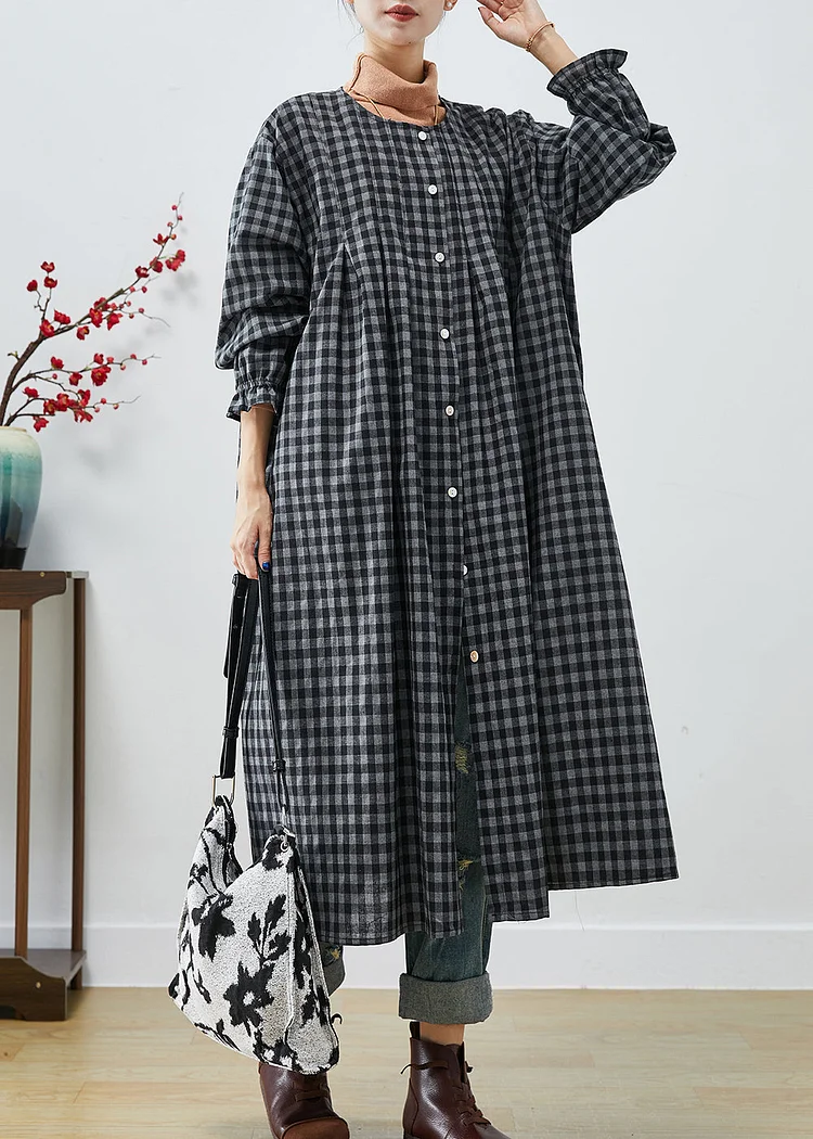 Italian Dark Grey Oversized Plaid Cotton Robe Dresses Fall