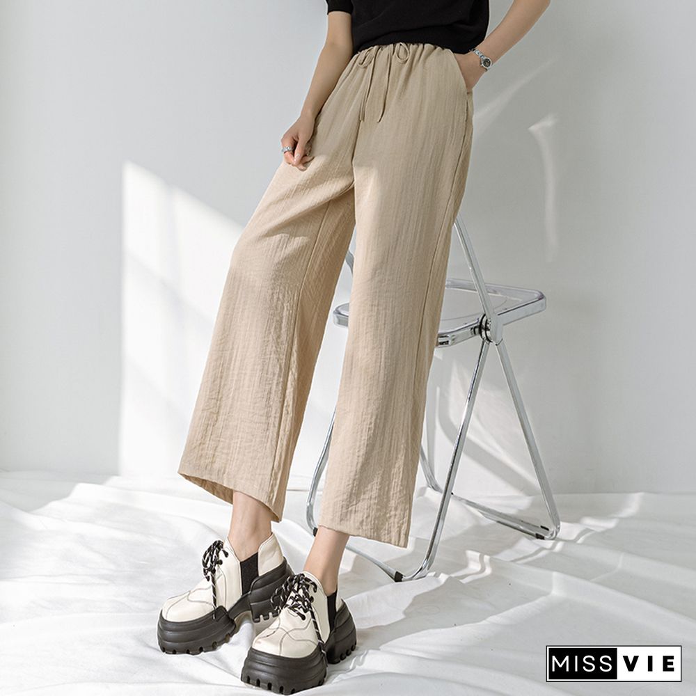 Chic Streetwear Women Y2k Cotton Linen Wide Leg Pants Summer Elastic Waist Ankle-length Pants Lace Up Harajuku Casual Pants