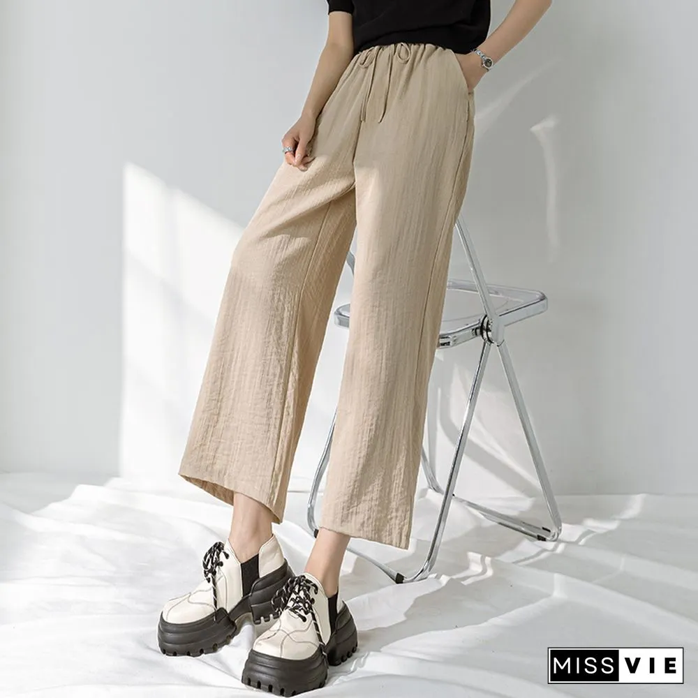 Chic Streetwear Women Y2k Cotton Linen Wide Leg Pants Summer Elastic Waist Ankle-length Pants Lace Up Harajuku Casual Pants