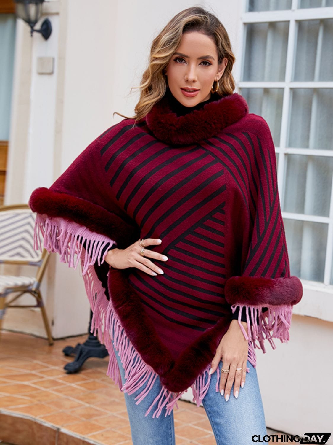 Striped Fringe Hem Poncho