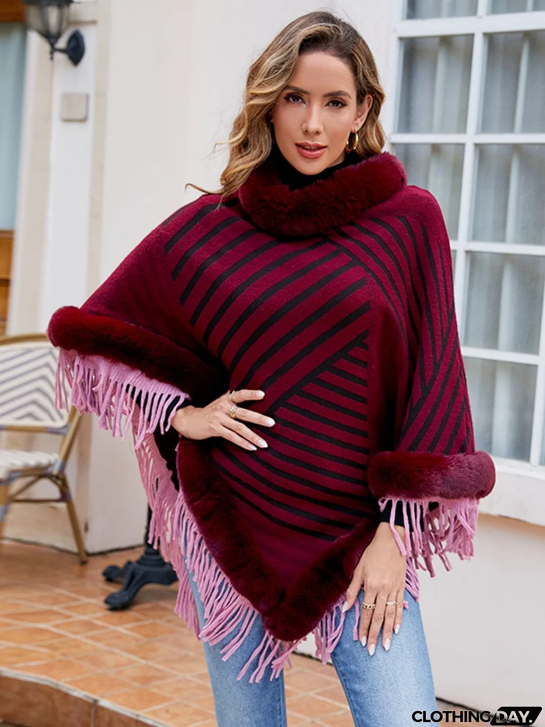 Striped Fringe Hem Poncho