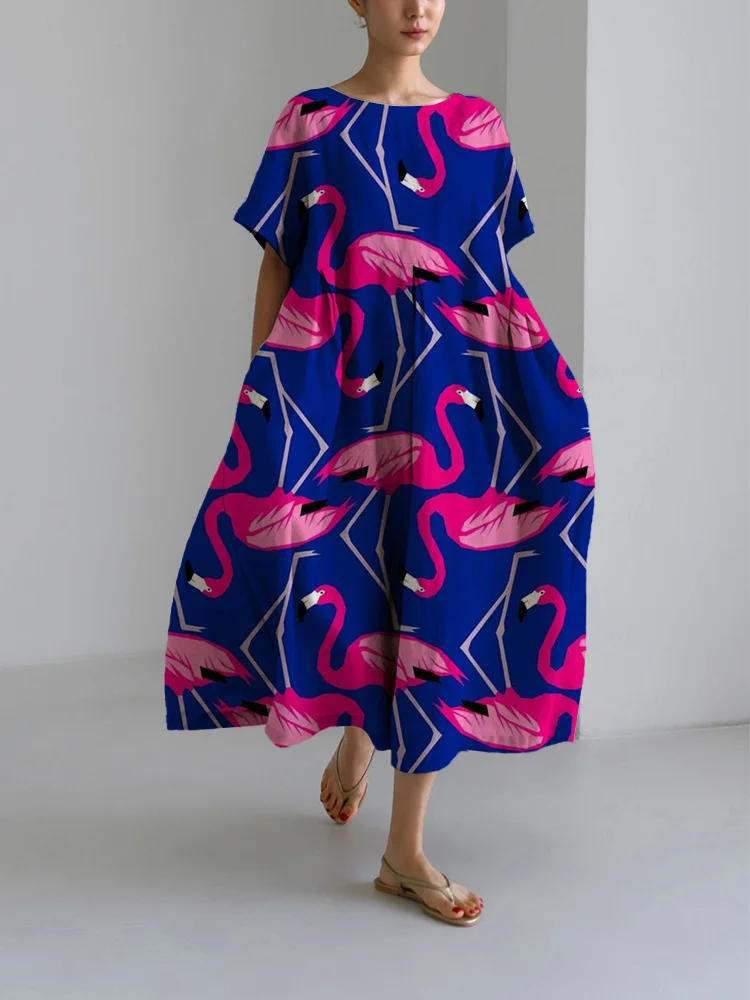 Women's Casual Flamingo Printing Loose Round Neck Medium Length Skirt Dress