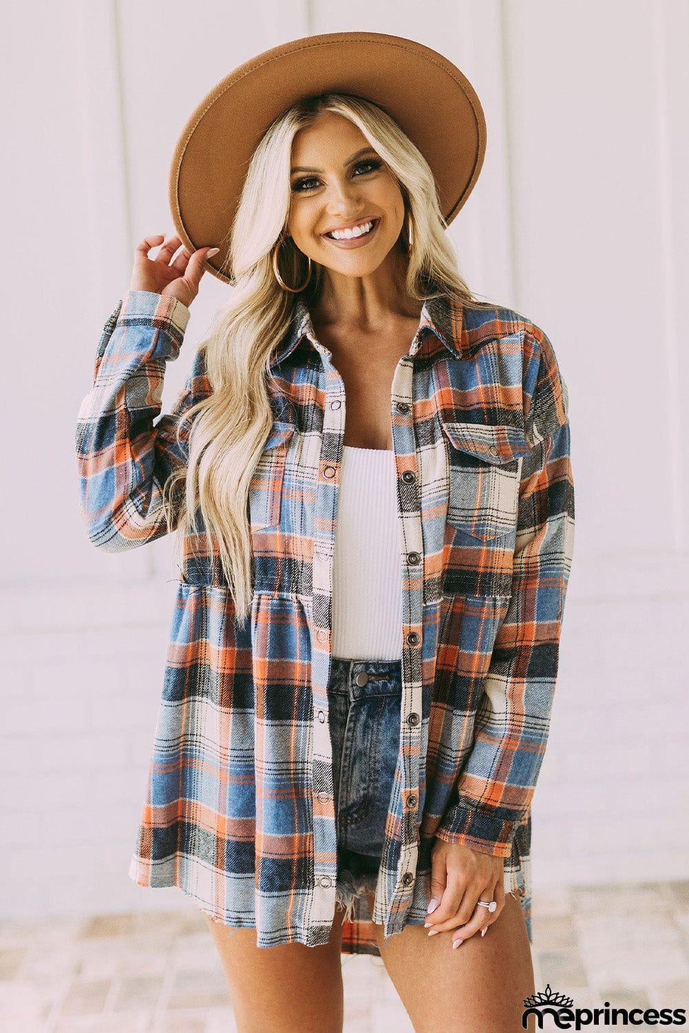 color Plaid Button Down Ruffled Shirt Jacket